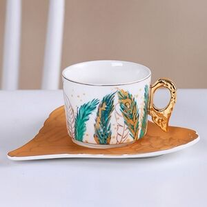Green Gold Angel Wings Feather Ceramic Mug Tea Cup Coffee Saucer Set Teacup